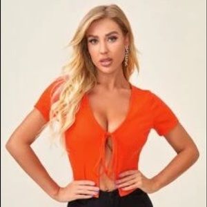 SHEIN Neon Orange Tie Front Crop Top